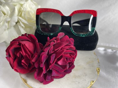 Gucci Oversized Square Glitter Sunglasses   Red & Green | Authentic Designer