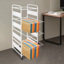 Modern 4-Tier Rolling File Cart Movable Hanging Files Stand White with Wheels US