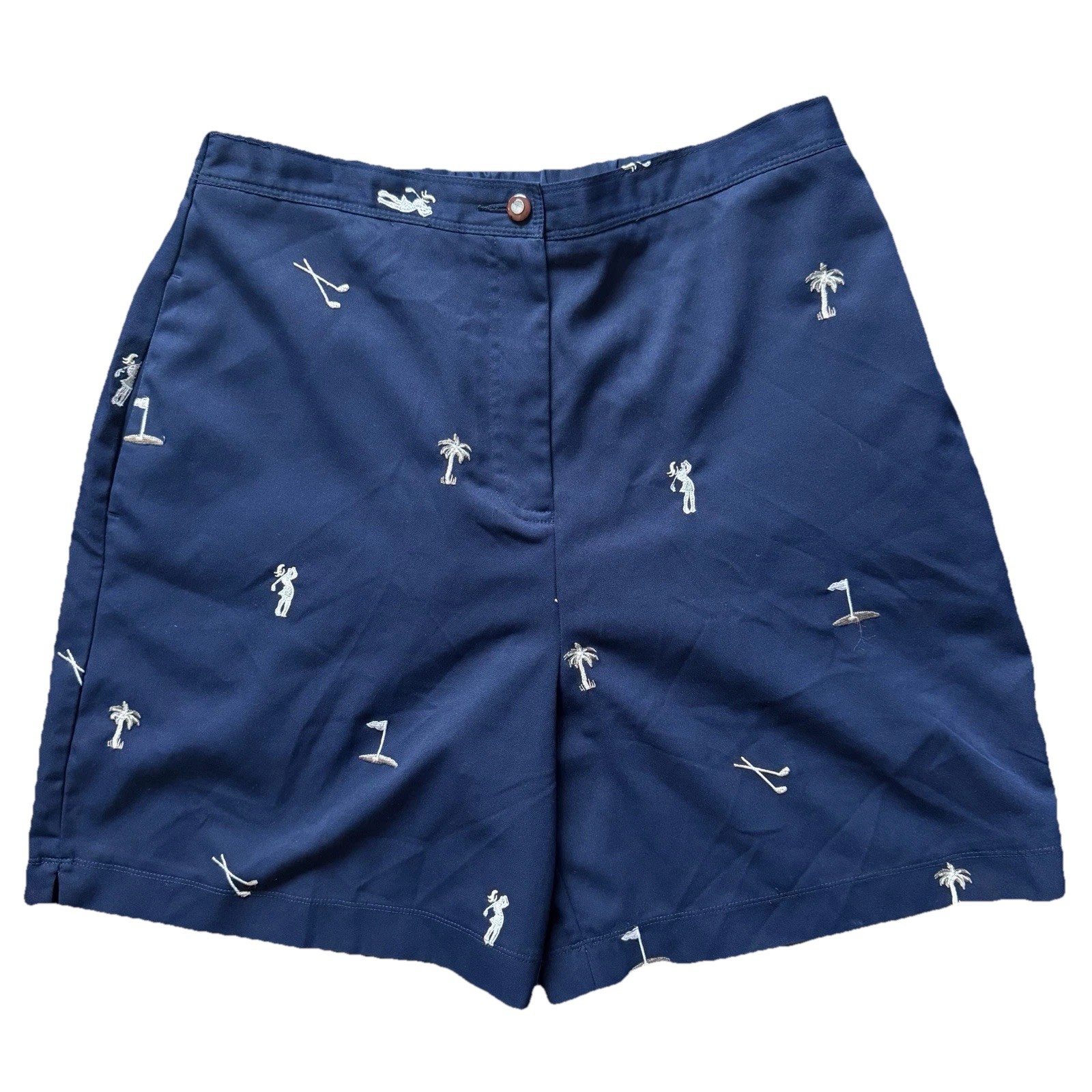 Womens Golf Shorts Size 12 Stretch Navy Embroidered Novelty Golfer Print Preppy