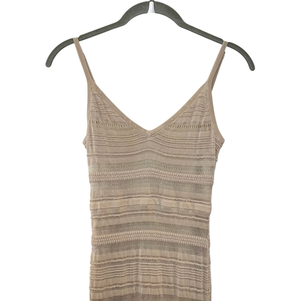 Bebe Y2K Beige Knit Striped V-Neck Slip Maxi Dress Beach Tan Bodycon SP FLAW - Image 3 of 4