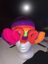 Handmade crochet hat multicolor ruffle brim rainbow stripes