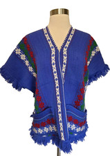 Vintage 60s 70s Artisan Hand Knit Southwestern Argentinian Poncho Bohemian Blue