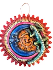 Vintage Talavera Sun Moon iguana Mexican Pottery Folk Art Hand Painted Wall Art 