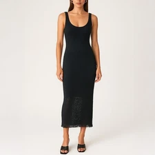 House of Harlow 1960 Black Knit Crochet Fringe Hem Midi Dress Size S