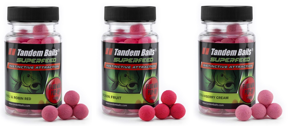Tandem Baits Boilies Pop-up Fluo Mini SuperFeed 12 mm–30 g–Mix Robin Red 3pz