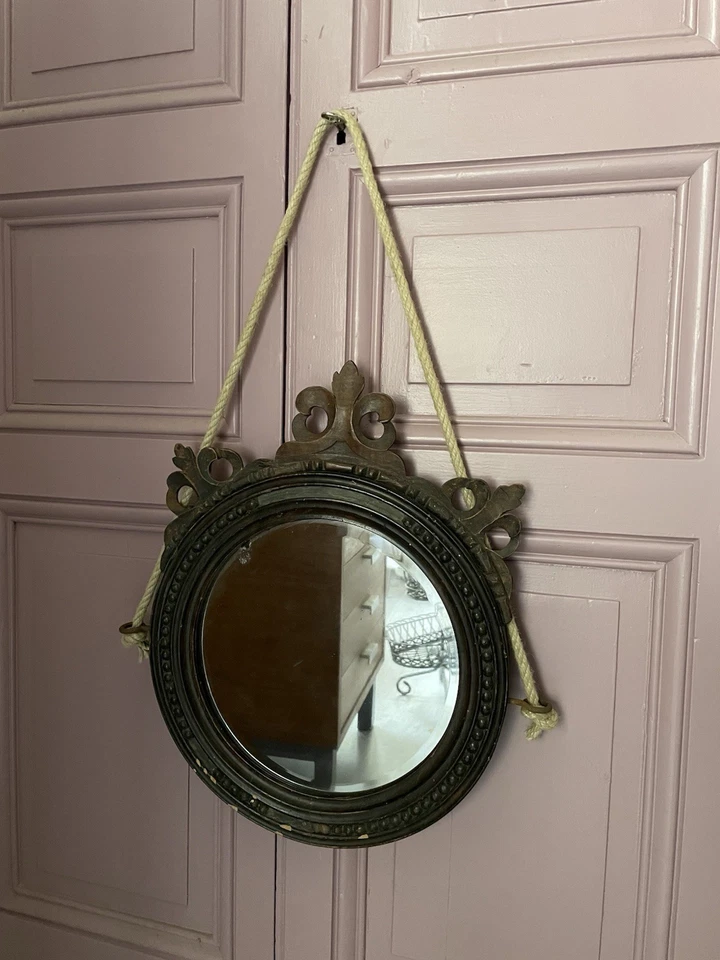 Miroir mural ancien bois sculpté XIXeme rond fleur de lys - Photo 2/4