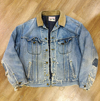 VTG 80s Lee Storm Rider Blanket Lined Corduroy Collar Jean Jacket XL Repaired