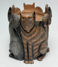 Marsha McCarthy Cat Circle Pillar Candle Holder 2003 Signed Metallic Bronze