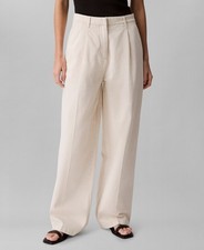 Calvin Klein Linen Blend Pleated Wide-Leg Pants Women's W26 Natural High Rise