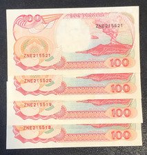 (4)x Indonesia 1992 100 Rupiah Crisp UNC CONSENCUTIVE SERIAL # s Banknotes LOT