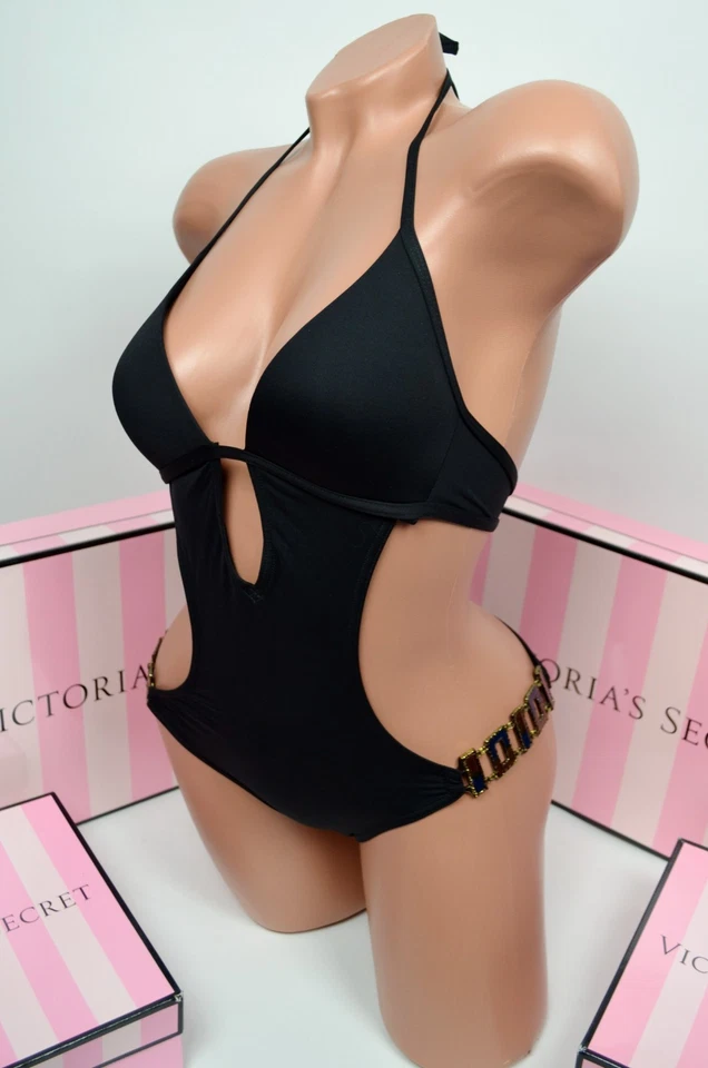 NUEVO CON ETIQUETAS Victoria's Secret Monokini Push Up de una pieza NEGRO con herrajes M Foto 2 de 4
