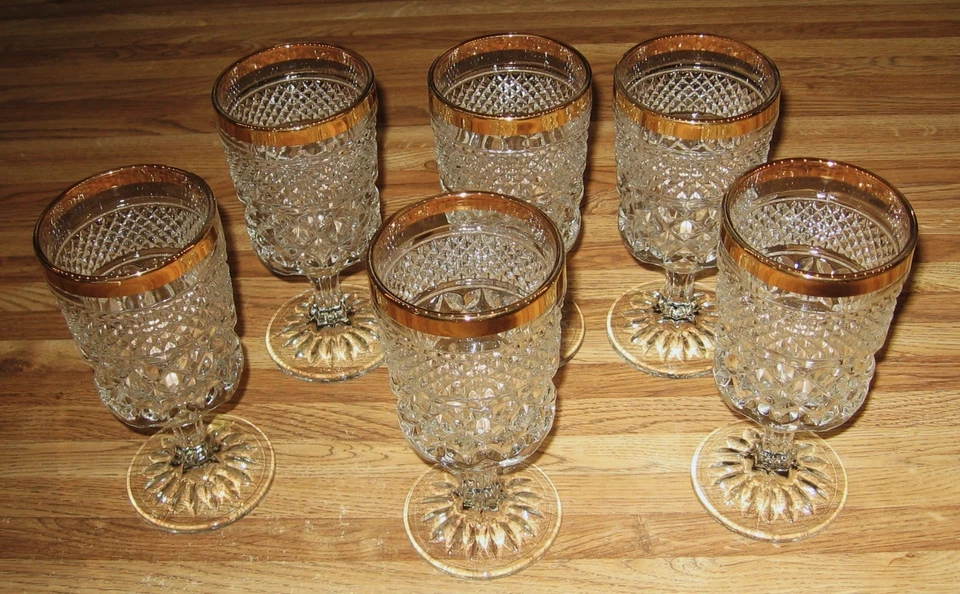 Anchor Hocking Wexford 64 OZ de colección. Jarra con 6 copas con tallo/llantas doradas Foto 4 de 4