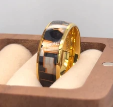 Capizzi Shell Black Resin Inlay Band Yellow Gold Tungsten Ring Xmas Gift Ring
