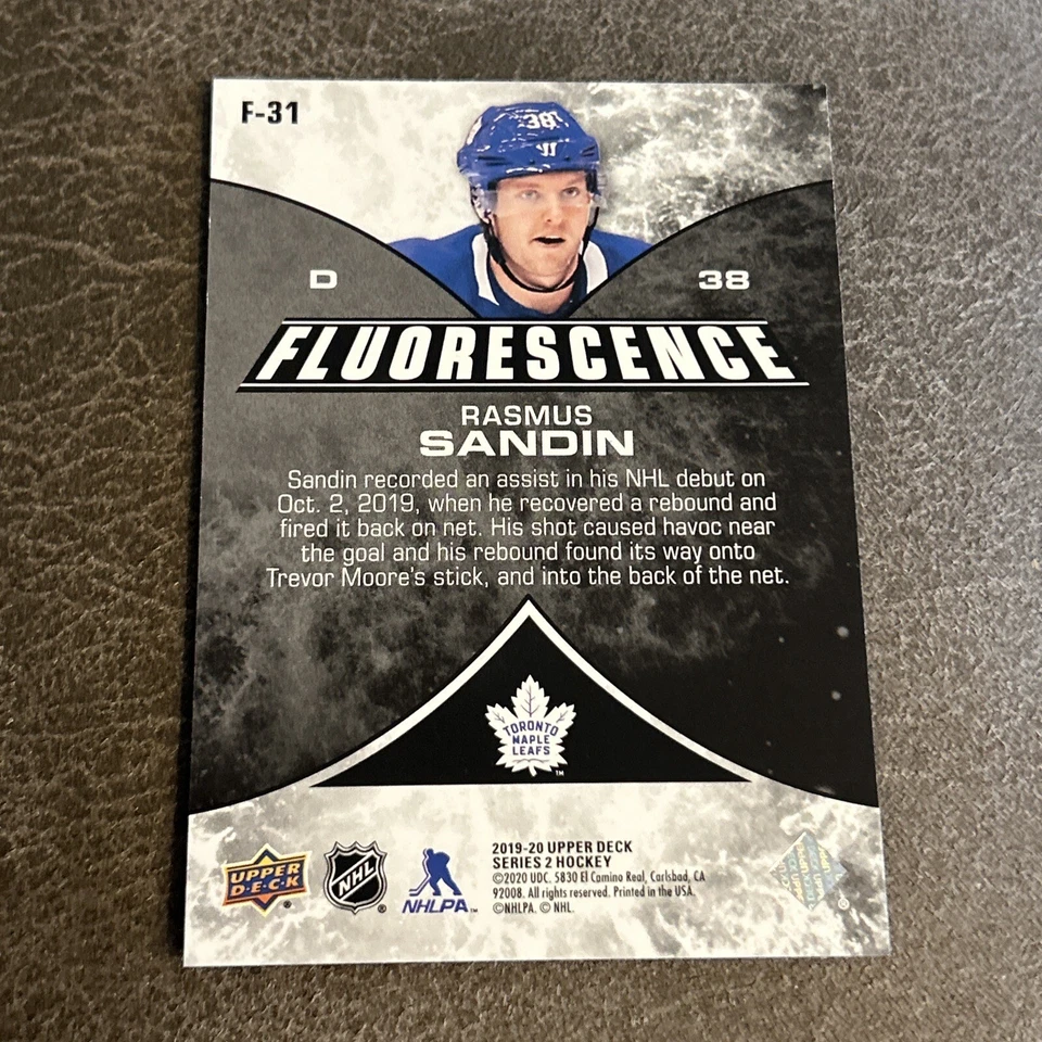 2019-20 Upper Deck Rasmus Sandin F-31 Fluorescence 12/50 Blue - Image 2 of 2