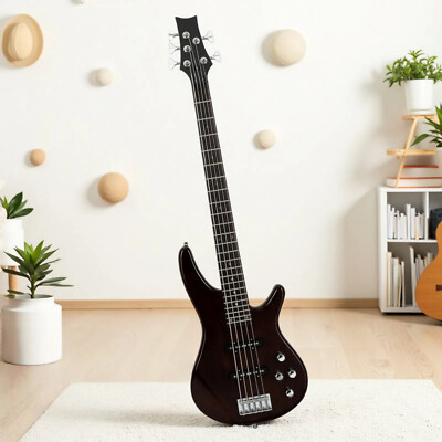 5-String Beginner P-Style Electric Bass Guitar Set - Full Size JJ Pickups Brown