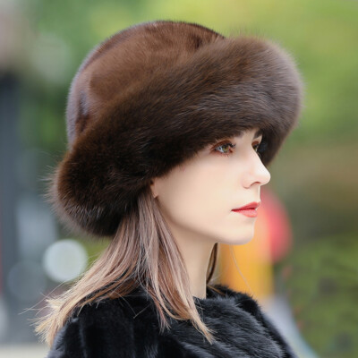 Hat Women's Real Mink Fur Whole Full Mink Fur Hat Warm Cap Bucket Hat Beanies