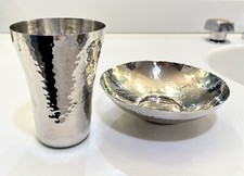 2-Pc Hammered Polished Metal Bathroom Accessories - Cup And Dish Set - Silver