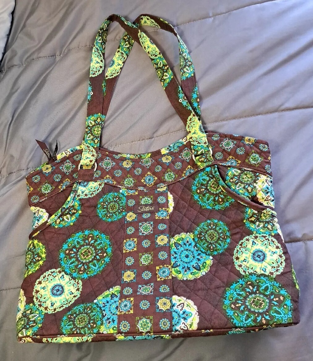 Longaberger Purse Tote Bag Sisters Adorn Stacie Quilted Brown Turquoise Medallio