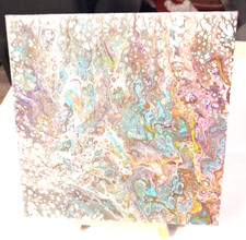 Handmade Abstract Original Acrylic Pour Painting on 8X8 Canvas Varnished  Stand