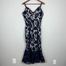 Lulus Alluring Dream Maxi Dress Womens L Navy Blue Floral Mesh Lace Trumpet New