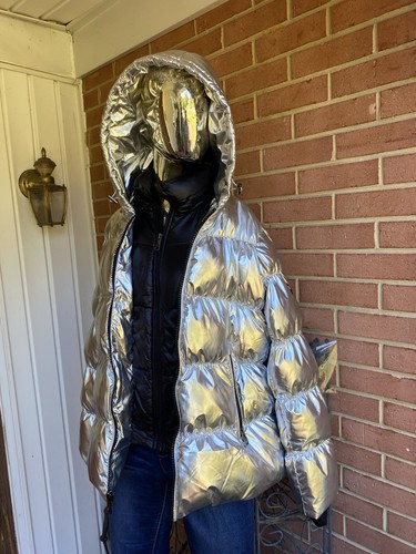 Michael Kors Ciré Shine Hooded Puffer Coat Jacket Silver S $295 Nwt - Picture 15 of 17