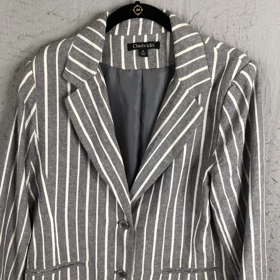 Chadwicks Linen Blazer Women 14 Gray White Striped Preppy Office Yacht Old Money - Image 2 of 4