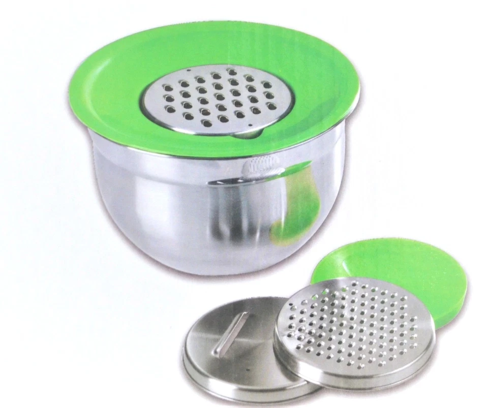 6pc Set 1 Stainless Steel Bowl 3 Graters Green Double Lid Hand Mixer Mixing 3L - Image 2 of 2