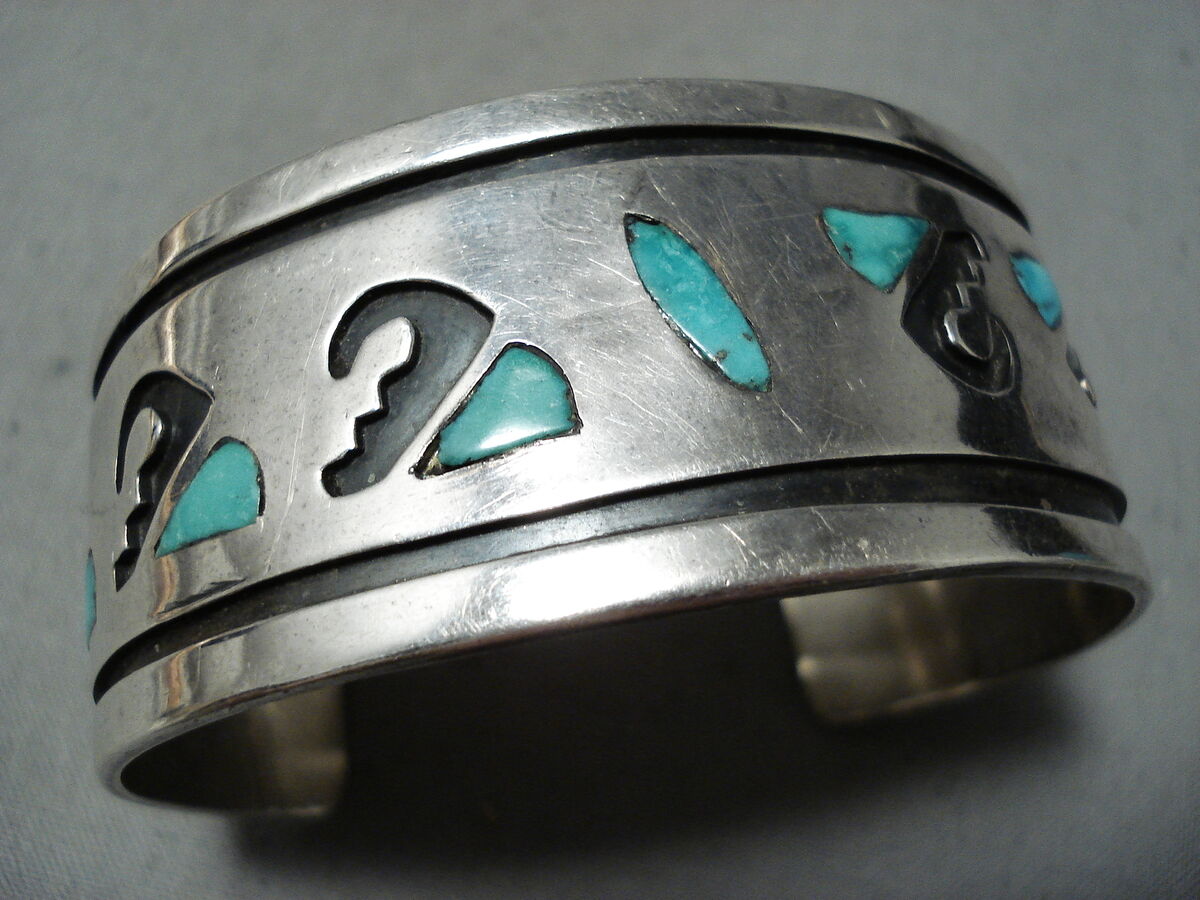 Authentic Vintage Hopi Native American Navajo Turquoise Inlay Sterling Silver Bracelet Old Authentic Vintage Hopi Native American Navajo Turquoise Inlay Sterling Silver Bracelet Old