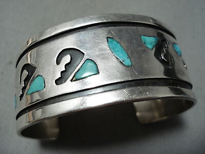 Authentic Vintage Hopi Native American Navajo Turquoise Inlay Sterling Silver Bracelet Old Authentic Vintage Hopi Native American Navajo Turquoise Inlay Sterling Silver Bracelet Old