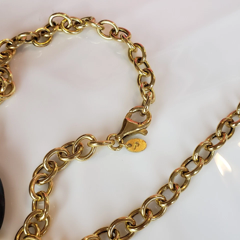 VERONESE Italia Piedra Negra 925 Vermeil Cadena Eslabón Distintivo Collar 30" Largo Foto 3 de 4