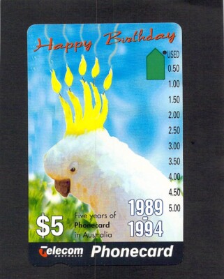Y1527 Australia Telecom Phone card $5 1 hole Birthday Cockatoo