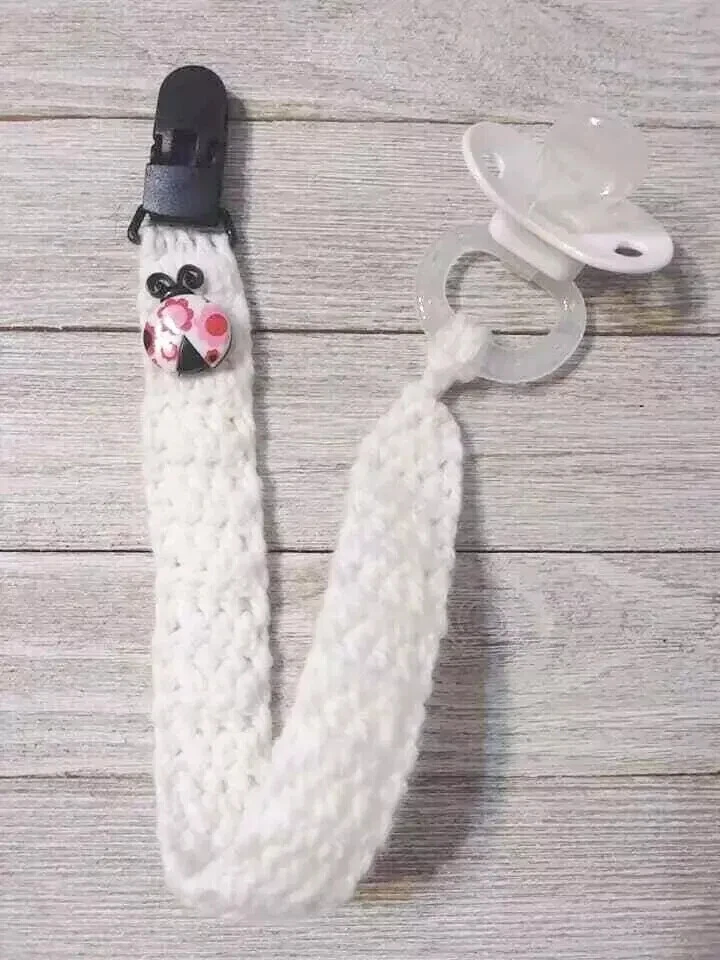 crochet handmade baby ladybug pacifier clip holder strap dummy white - Image 2 of 2
