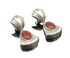 MEXICO 925 Silver  Vintage Cabochon Cut Carnelian Triangle Earrings  EG11668