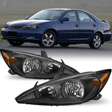 For 2002 2003 2004 Toyota Camry Black Amber Reflector Headlights Assembly Pair