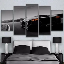 Black Luxury Lamborghini Sports Car Framed 5 Piece Canvas Wall Art