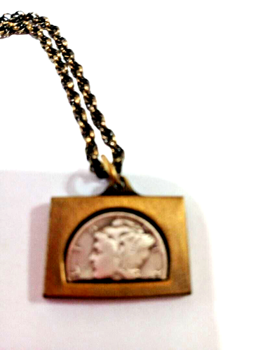 Donna Liberty Dime Collana Antichizzato 18kt Giallo Oro Argento Mezza Coin Nuovo - Foto 2 di 5
