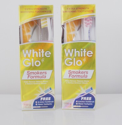 White Glo Zahnpasta Raucherform gegen Zahnvergilbung Zahnbürste 2er Pack
