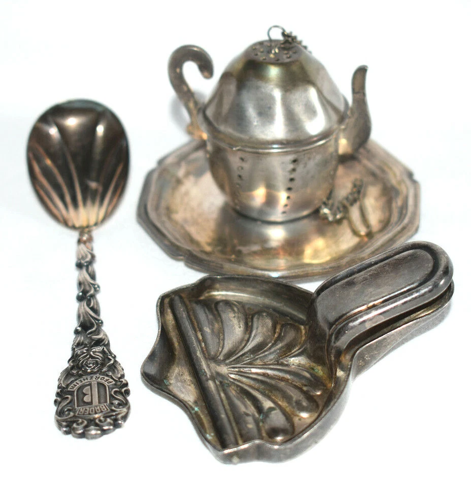 Bundle of 4 Tea Set Tea Strainer Coasters Sugar Spoon Lemon Juicer Patina