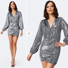 Ramy Brook Bonny Dress Silver Metallic Mini V Neck Long Sleeve Clubwear Sz XS
