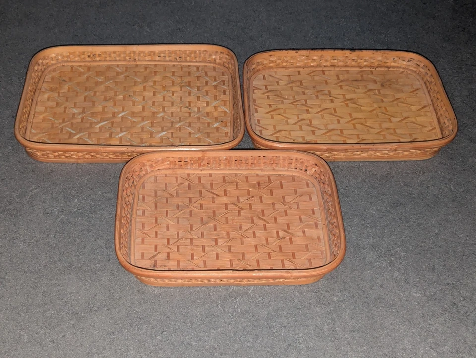 Vintage Nest Of 3 Bamboo Serving Trays Boho Retro  - Image 2 of 4