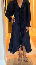 Black Chiffon Ruffle Front V-Neck Maxi Dress Puff Long Sleeve Lightweight