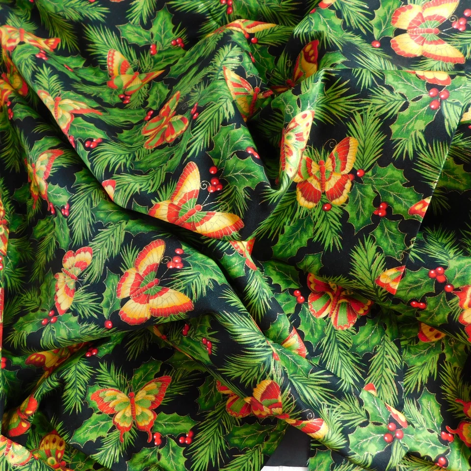 Tela de algodón de Navidad tradiciones acolchado mariposas acebo negro verde 2,6 yardas Foto 4 de 4