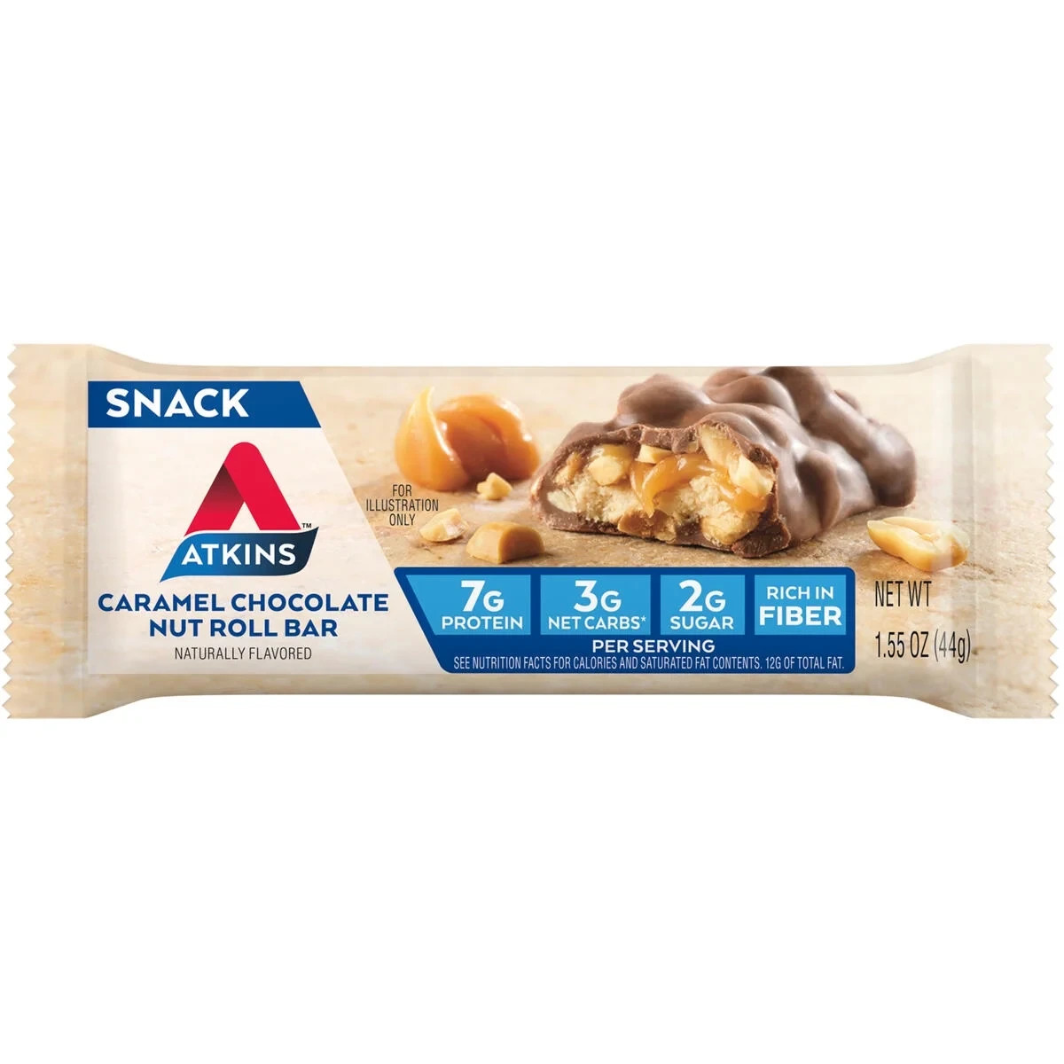 Atkins Caramel Chocolate Nut Roll Snack Bars, Low Sugar and High Fiber Snacks, 5