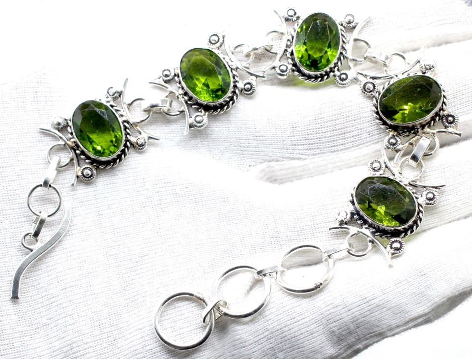 Green Peridot Gemstone Handmade 925 Sterling Silver Jewelry Bracelet Size-7-8" - Image 2 of 3