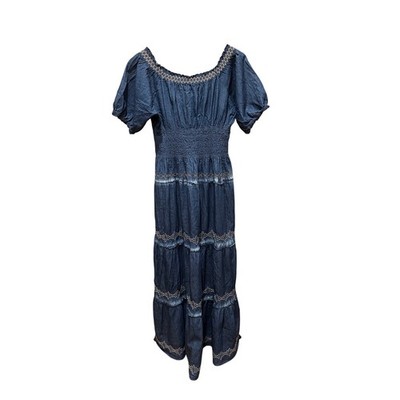 Indigo & Lace Denim Maxi Dress Boho Tiered Button Front Size Large | eBay