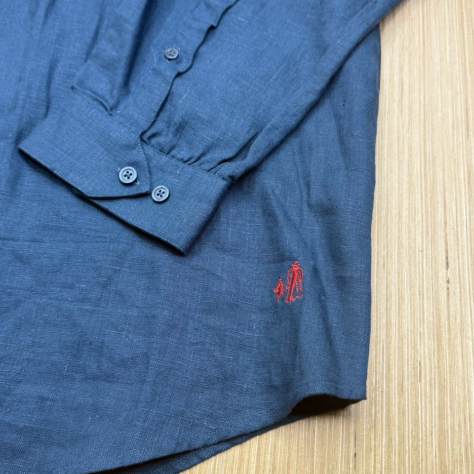 J Peterman Mens XL Blue 100% Linen Band Collar Button Up - The Gatsby Shirt - Image 4 of 4