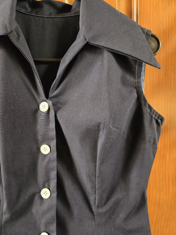 Женский ВИНТАЖНЫЙ 1970-х темно-синий и белый КОМБИНЕЗОН на пуговицах цельный, размер 13 - Изображение 2 из 4