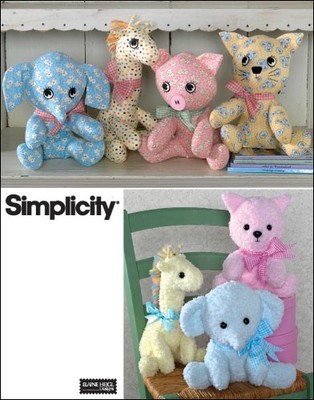 Simplicity 2613 (2 Piece Sewing Pattern) Plush Animal Elephant Giraffe, Pig Cat