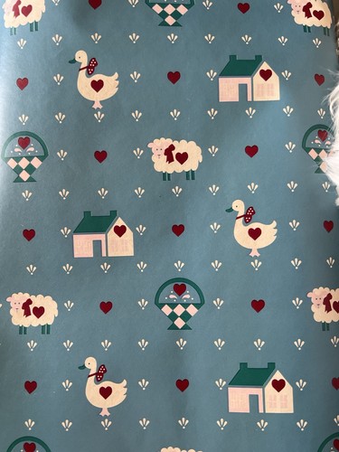 Vintage Goose Wrapping Paper Roll Cottagecore Farmhouse Ducks Sheep Hearts Blue 
