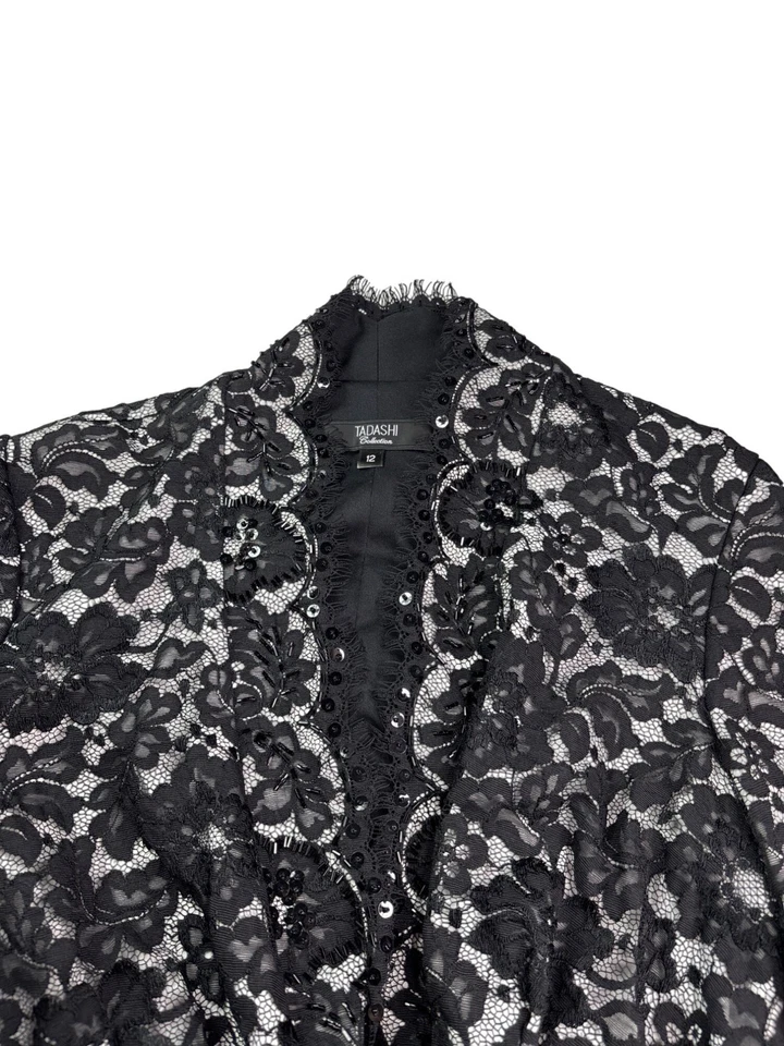 Tadashi Collection White Black Lace Beaded Sequin Blazer Satin Bow Tie Front 12 - Image 2 of 4